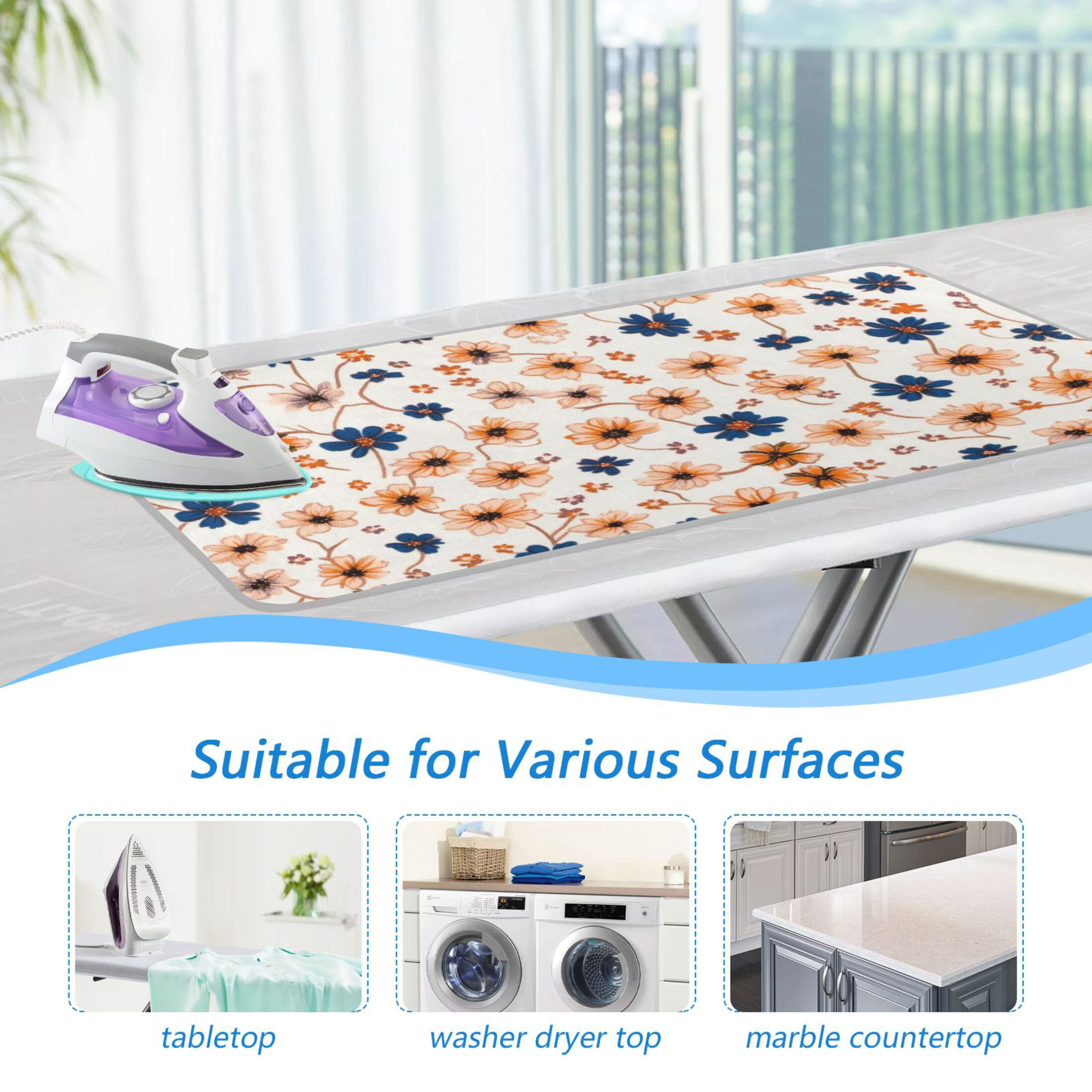 Bright Orange Blue Flowers Ironing Mat Blanket for Table Top Travel Portable Ironing Board Pad 47.2x27.6 Inch
