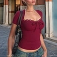 thumbnail image 6 of Y2k Shirts Vintage Graphic Print Aesthetic Crop Tops Short Sleeve Lace Girls Slim Fit Summer Tees Wine Red S, 6 of 9