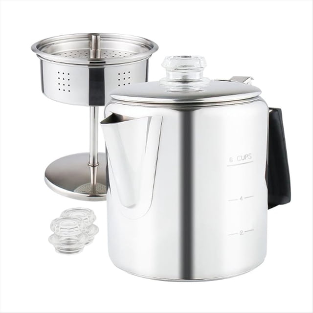 cafetera percoladora multiusos con perilla de vidrio resistente al y manejar de gel de sílice, para placa de inducción interior, 6 tazas Vista frontal de cafetera percoladora de acero inoxidable plateado con pico vertedor, asa antideslizante de gel de sílice negra, marcas de nivel hasta 6 tazas y tapa con perilla de vidrio transparente; incluye cesta filtrante desmontable de acero y dos tapas de repuesto junto a la jarra, base plana compatible con placa de inducción. También se usa a menudo como hervidor portátil para preparar agua caliente en excursiones o campamentos.