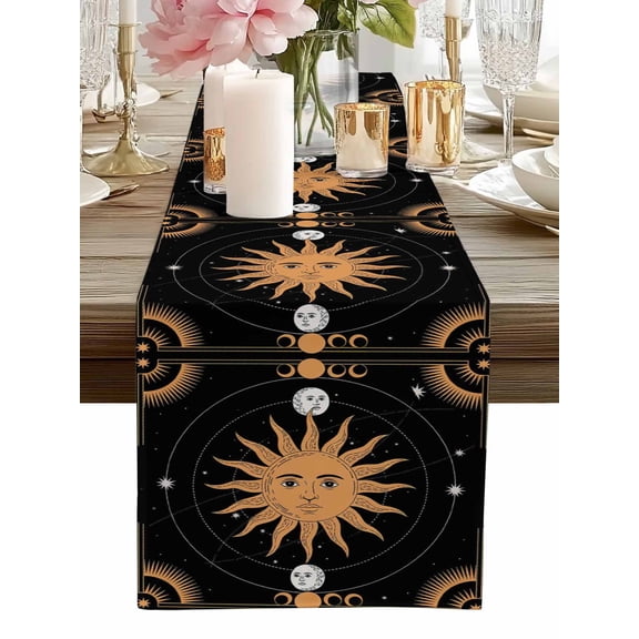 Table Runner Celestial Sun and Moon Table Runners Black Sky Gold Star Boho Cotton Linen Dresser Scarf Kitchen Dining Table Decor for Home Dinner Party Decor 13x36 Inch