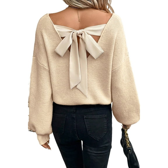 Women's Apricot Lantern Sleeve V Neck Knot Back Sweater