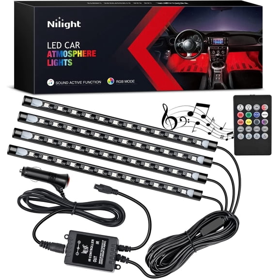Nilight - 4PCS 48 LED Interior Lights DC 12V Multicolor Music Car Strip Light Under Dash Lighting Kit with Sound Active Function and Wireless Remote Control, 2 Years Warranty