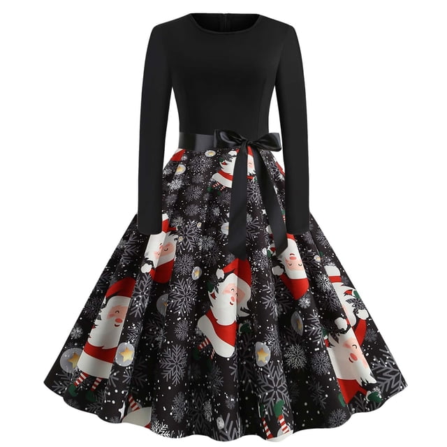 CEHVOM Robe Vintage Évasée à Nœud Papillon pour Femmes Robe de Bal Manches Longues Imprimée Noël Fête