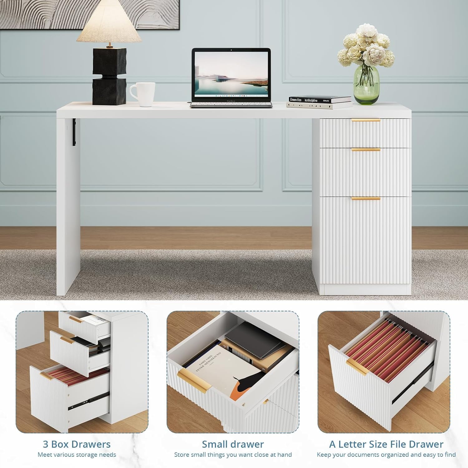 SELOOYE 58" Modern Executive Desk with Storage, Home Office Desk with Drawer & Cabinet, Wooden Fluted Desk for Study, Living Room, Bedroom, White