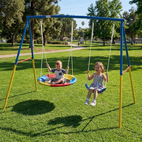 Mersco 2-in-1 Swing Set for Backyard with Stand, Swing Heavy Duty 440lbs Metal Outdoor Swing Stand, Contain 1 Saucer 32" and 1 Belt Seat 26.2" for Playground, Backyard Playset