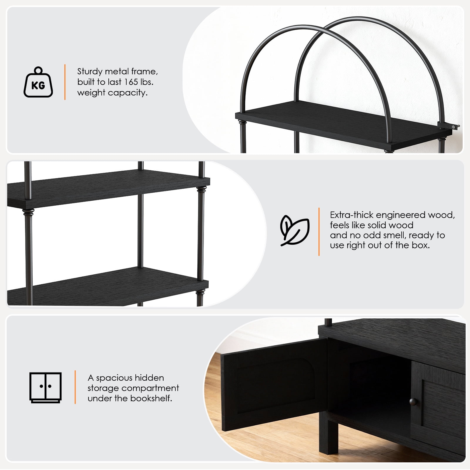 Furnibear Arched Bookshelf with Door 72 Inches Tall 5 Tier Storage Shelf with Cabinet,Modern Open Bookcase for Living Room or Home Office,Black