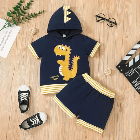 

Toddler Baby Boys Girls 1Y-5Y Short Sleeve Cartoon Dinosaur Hooded T-shirt Tops Shorts Sports Outfits