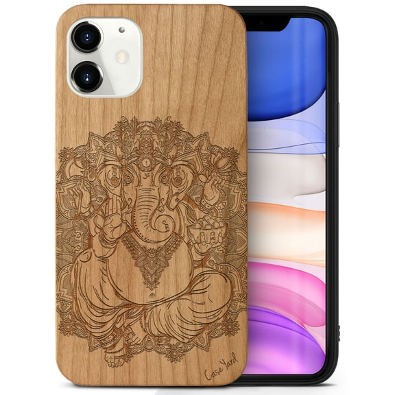 Case Yard Wooden Case Outside Soft TPU Silicone, Slim Fit Shockproof Wood Protective Phone Cover for Girls Boys Men and Women, Supports Wireless Charging Elephant God Design case for iPhone-11