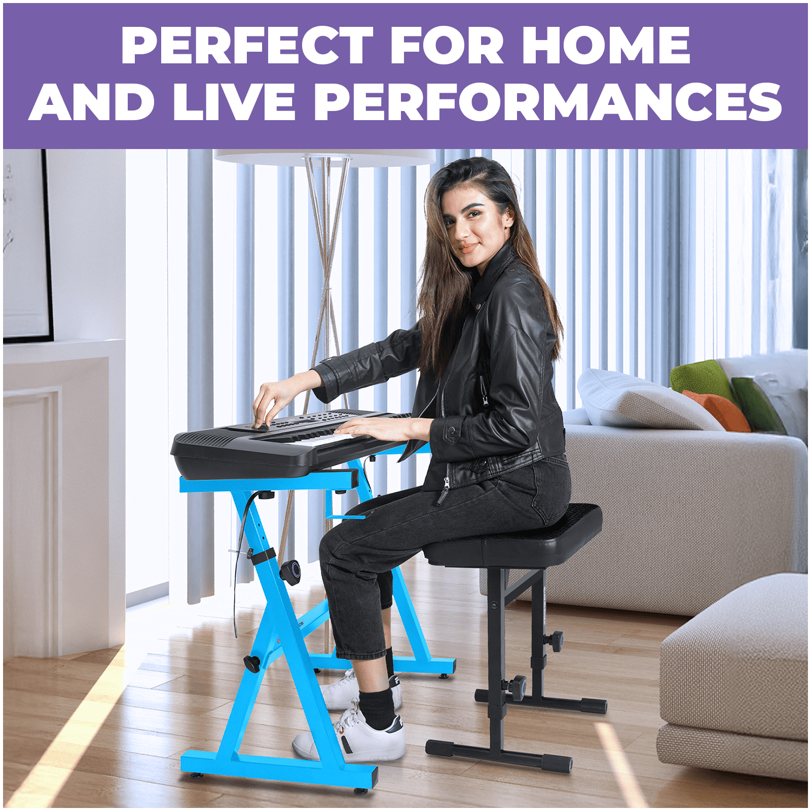 Liquid Stands Piano Keyboard Stand and Bench Set - Portable Heavy Duty Digital Piano Stand for 54-88 Key Electric Pianos & Adjustable Piano Bench, Chair, Stool - Blue Keyboard Music Stand and Seat