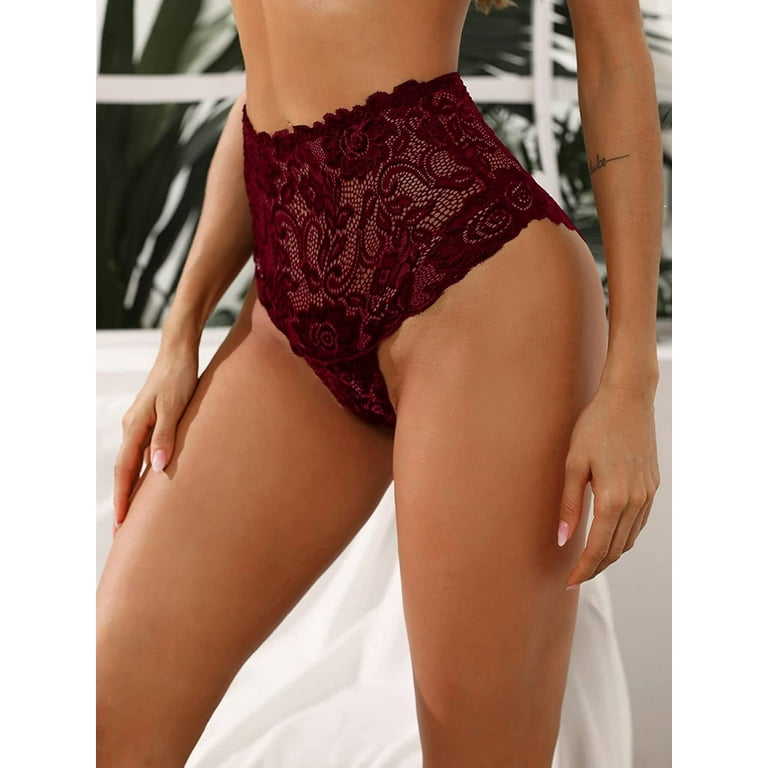 SheIn Women's Floral Sheer Lace High Waist Panties Lace Up Back