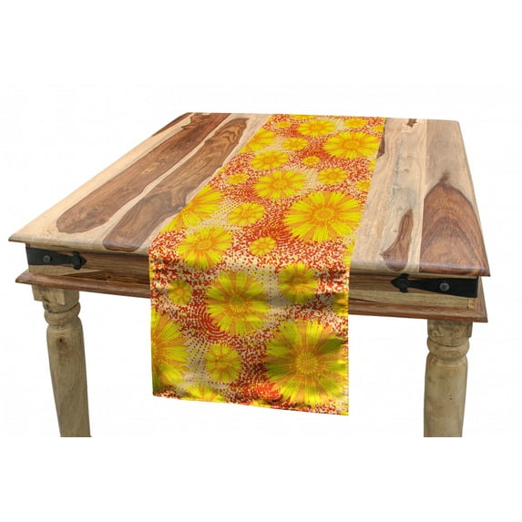 Floral Table Runner, Retro Style Overview of Flower on a Spotted Grunge Background, Dining Room Kitchen Rectangular Runner, 3 Sizes, by Ambesonne
