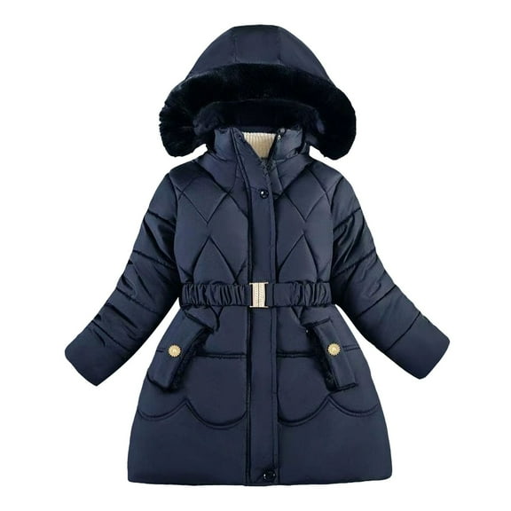 Coerni Girls' Winter Jacket Padded Hooded Parka with Detachable Hood Faux Collar Outerwear Teens Belt Pockets Zip Up Warm Coats