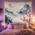 thumbnail image 2 of Red Blossoms Against Indigo Peaks Under Orange Sun, Calming Watercolor for Nature Lovers, Landscape Decor, Housewarming Gift, Tapestry Wall Hanging for Bedroom and Study Room, 2 of 7