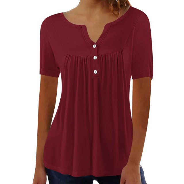 Womens Pleated Tunic Tops, Short Sleeve Button V-Neck Solid Color Loose Fitting T-Shirt Blouse Tops Plus Size Ladies Workout Tops Wine S