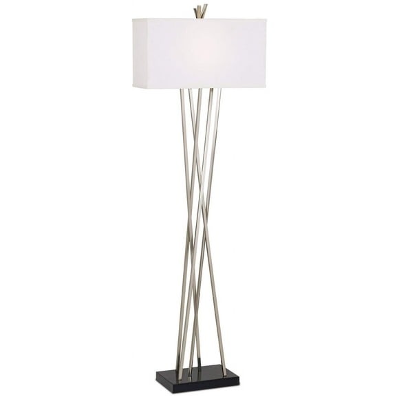 Possini Euro Design Lampe de Sol Moderne Debout 63.5 Pouces de Haut Nickel Brossé Argent Noir Asymétrie Rectangulaire Tissu en Lin Blanc Décor pour Salon Lecture Maison Chambre Maison