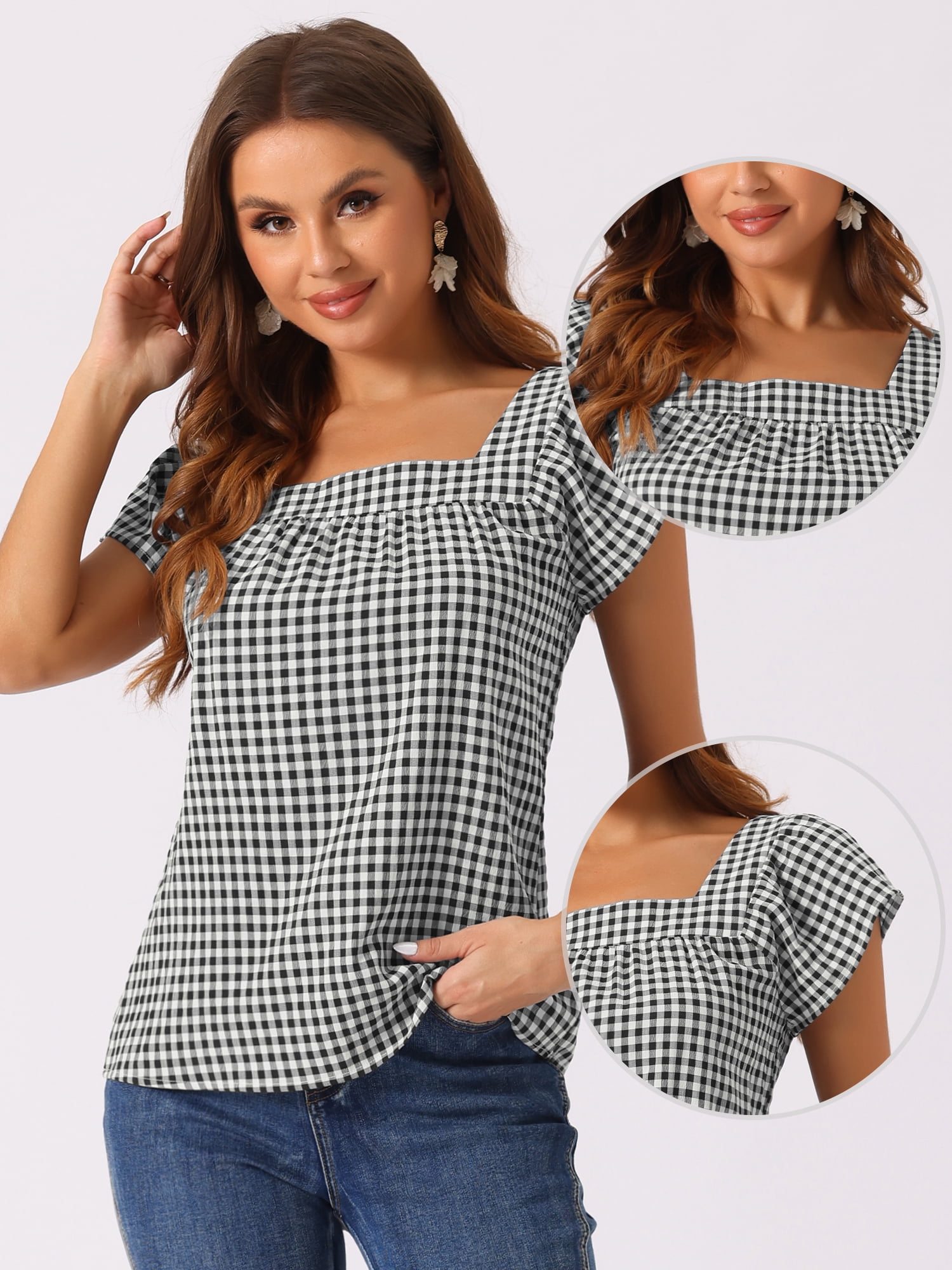 DARING DIVA Women's Cute Cap Sleeve Square Neck Plaid Blouses S Black