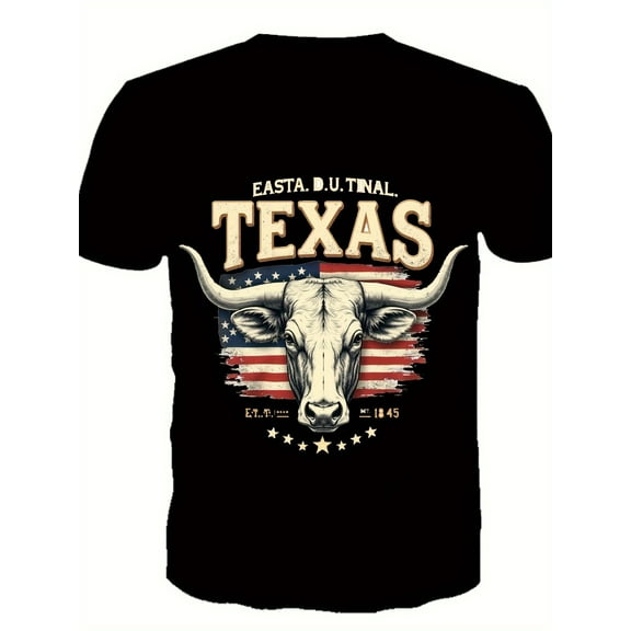 Texas USA Flag Longhorn Graphic T-Shirt - Men'S Black Ch American Flag & Longhorn Design, Casual Summer Holiday Top, Casual Summer Wear | Patriotic Design | Comfortable Fit, Texas Apparel