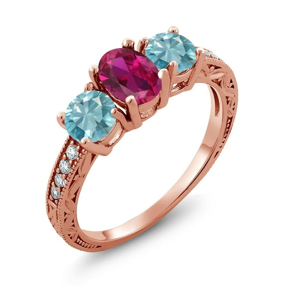 Gem Stone King 2.67 Ct Oval Red Created Ruby Blue Zircon 18K Rose Gold Plated Silver Moissanite Ring (Size 8)