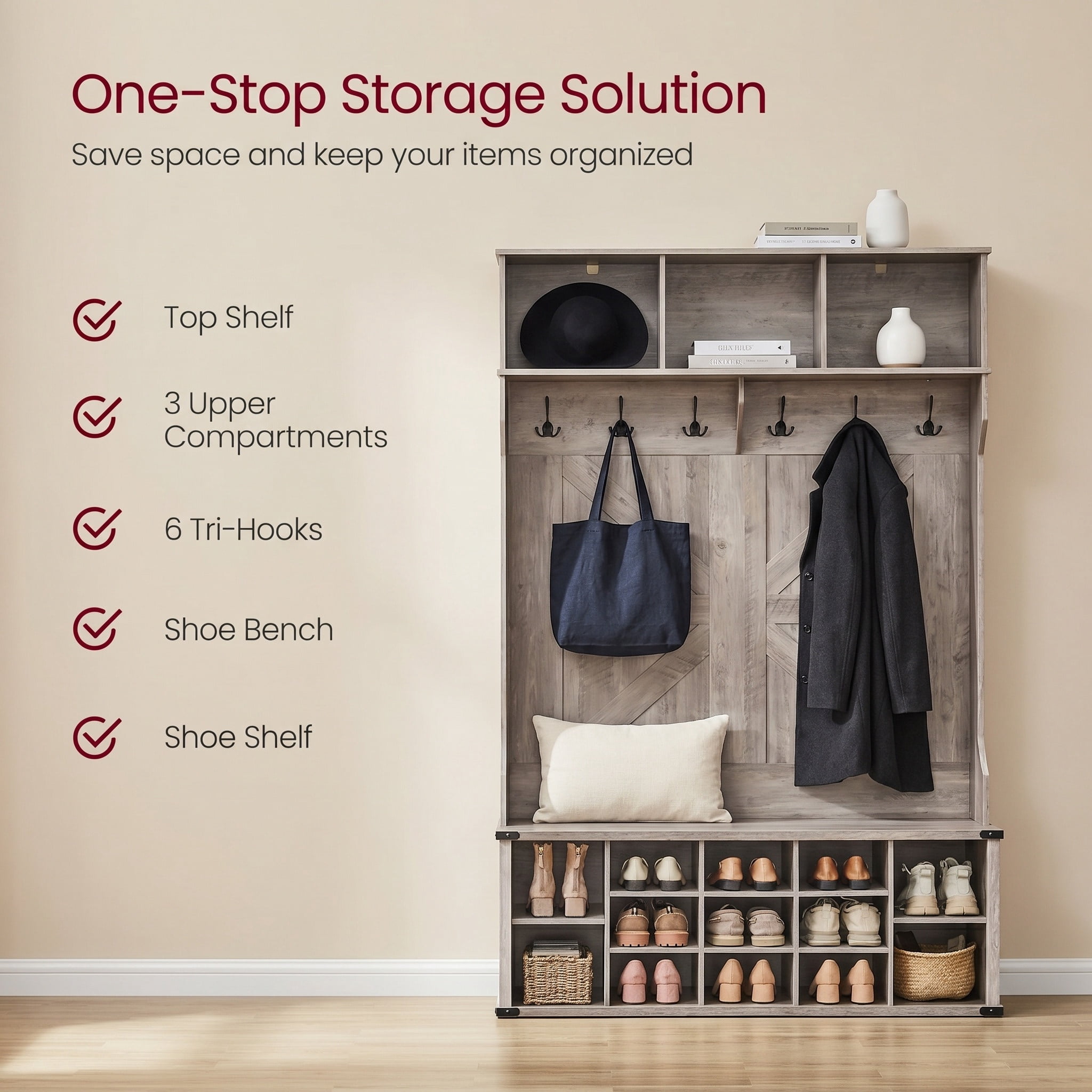 Nordic Hygge Farmhouse Hall Tree with 16-Compartment Shoe Storage & Bench, Heather Greige