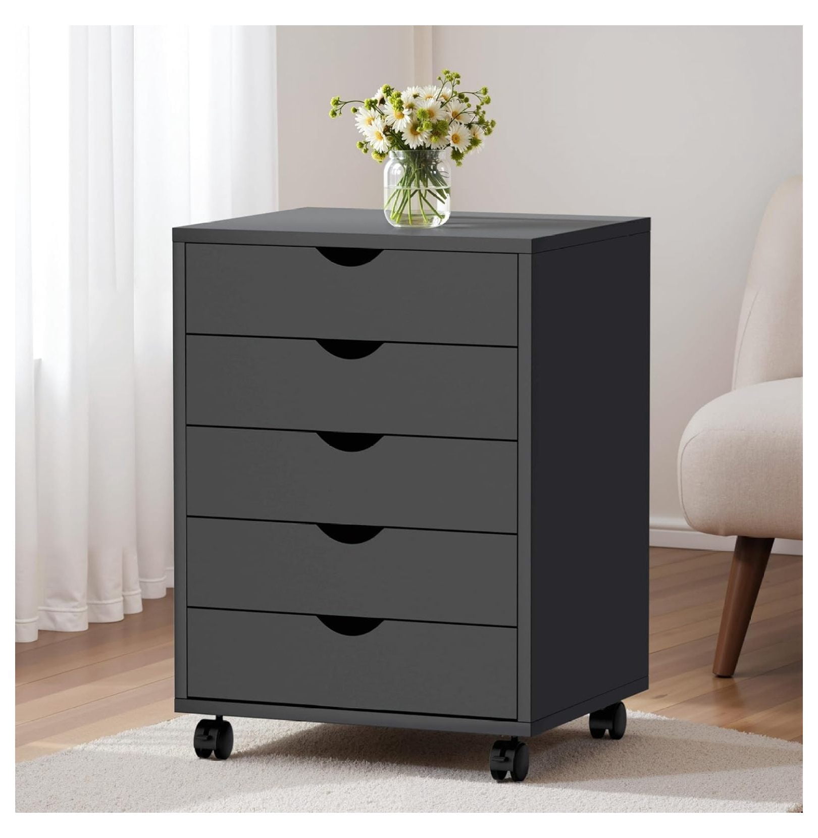 5-Drawer Chest, Office Storage Dresser File Cabinet with Wheels, Mobile Dresser for Home Office, Black
