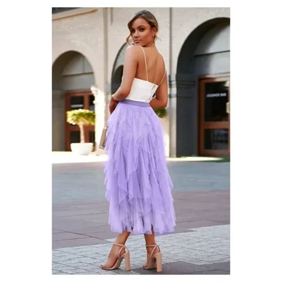 Women's Purple Midi Tulle Skirt Elastic Waist A-Line With Lining Size Small