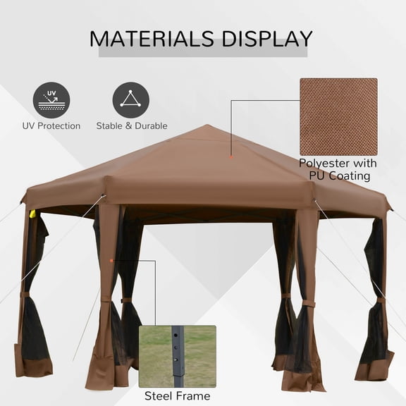 Patio Umbrellas Outsunny 13' x 11' Hexagonal Pop Up Gazebo, Heavy Duty Outdoor Canopy Tent with 6 Mesh Sidewall Netting, 3-Level Adjustable Height and Strong Steel Frame, Brown,Market Umbrellas