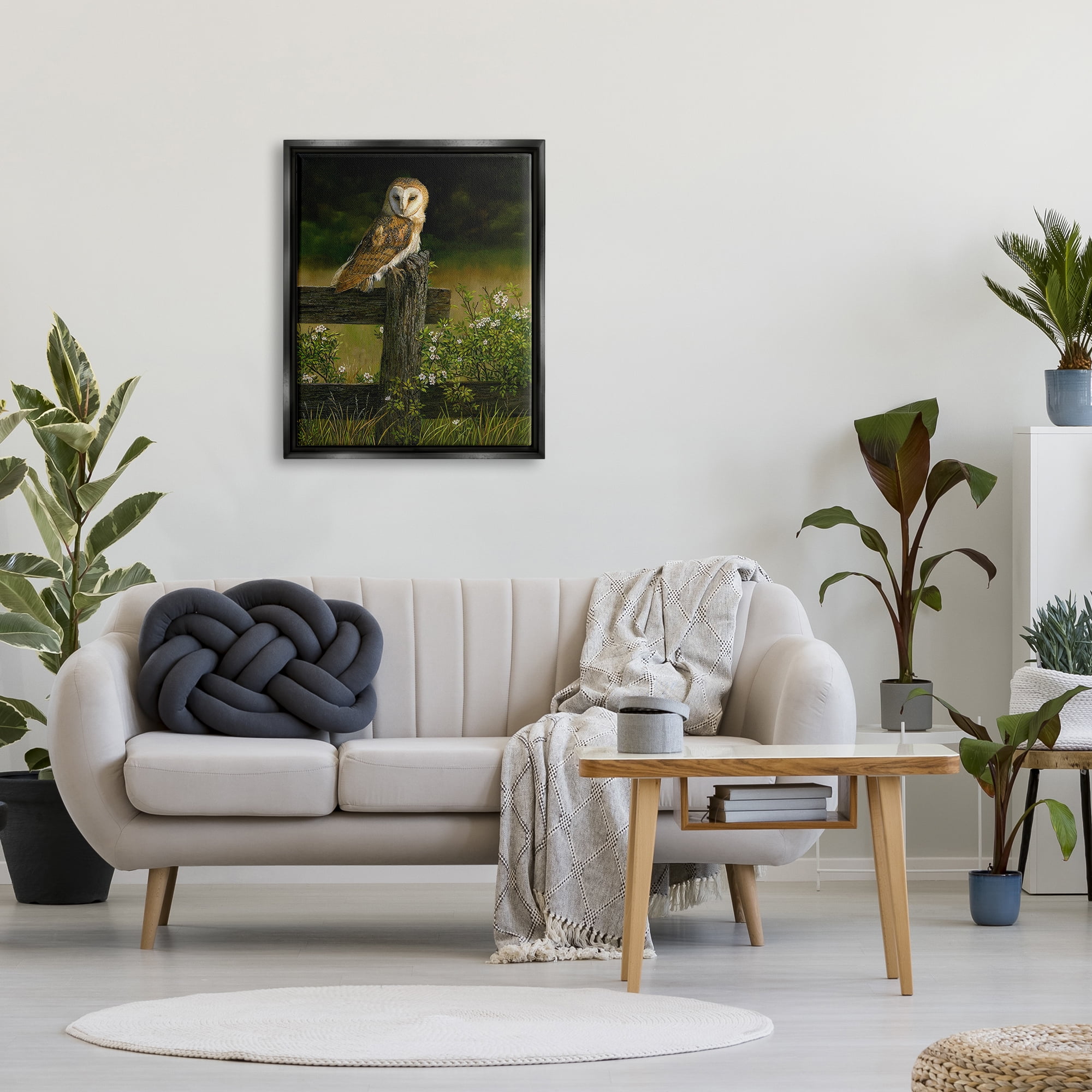 Stupell Industries Barn Owl on Fence Animals & Insects Painting Black Floater Framed Canvas Art Print Wall Art, 25 x 31