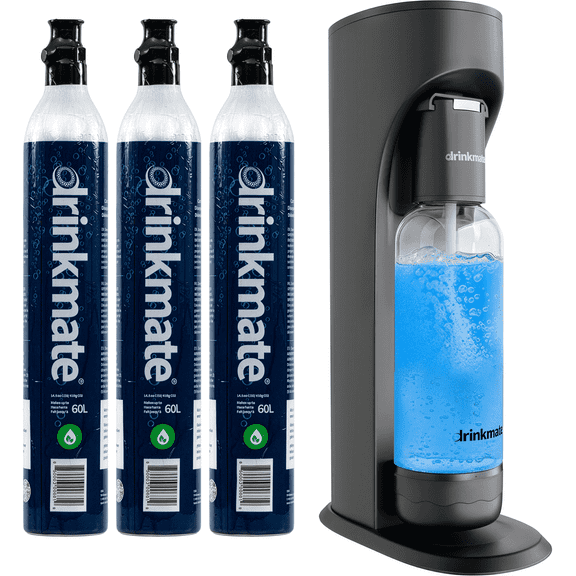 Drinkmate OmniFizz Sparkling Water and Soda Maker, Carbonates Any Drink, with 3x 60L CO2 Cylinders (Matte Black)