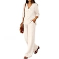 thumbnail image 5 of VISALY 2 Piece Linen Outfit 3/4 Sleeve V Neck Cotton Linen Tunic Blouse Peasant Shirts Drawstring Waist Wide Leg Pants Set Lightweight Casual Summer Gauze Sets Beach Vacation Tracksuit Beige L, 5 of 8