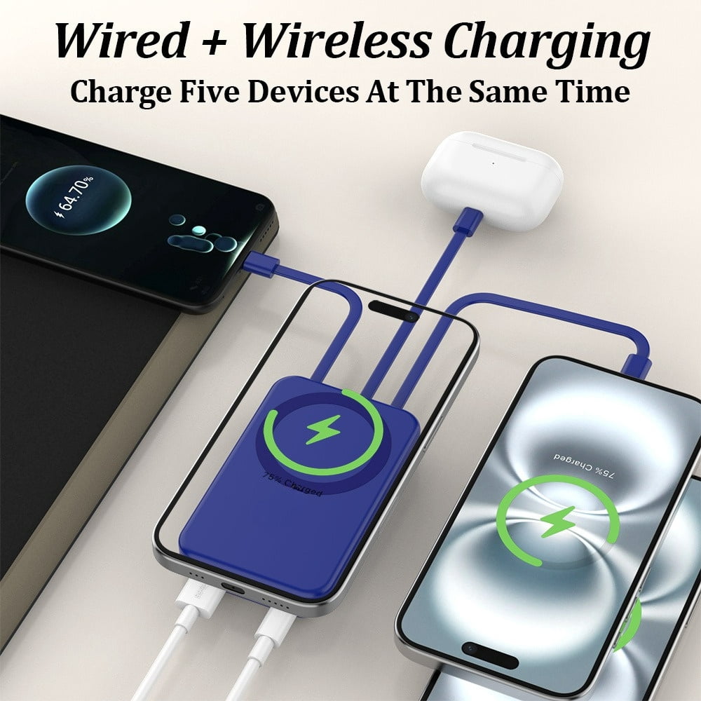 New Upgrade 20000mAh Magnetic Wireless Power Bank with LED Display, 22.5W Fast Charging, Built-in USB/ Type-C Cables for iPhone & Samsung, Android - Portable External Battery Pack