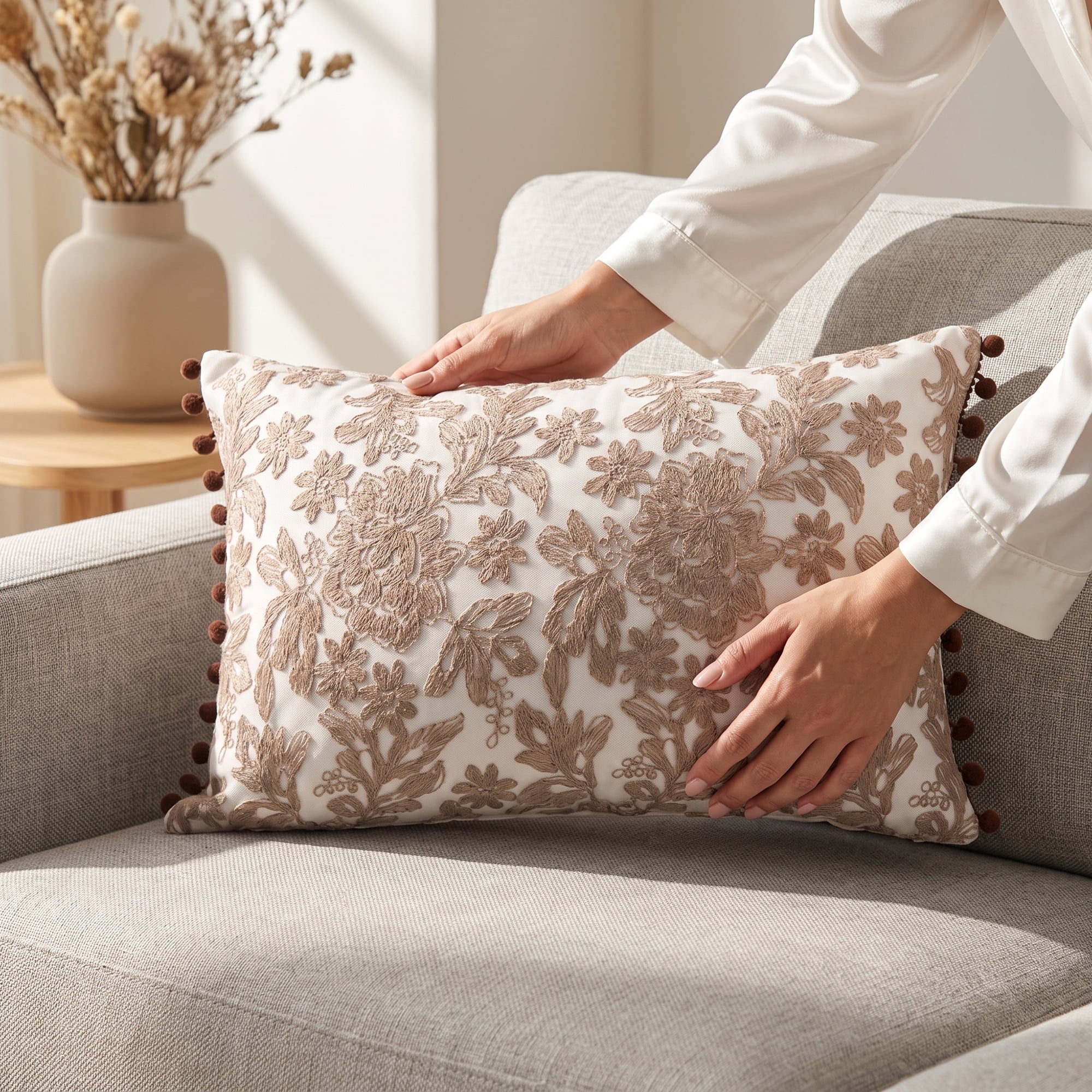 Unique Bargains Elegant Vintage Floral Throw Pom-Pom Pillow Covers Brown 20" x 12"
