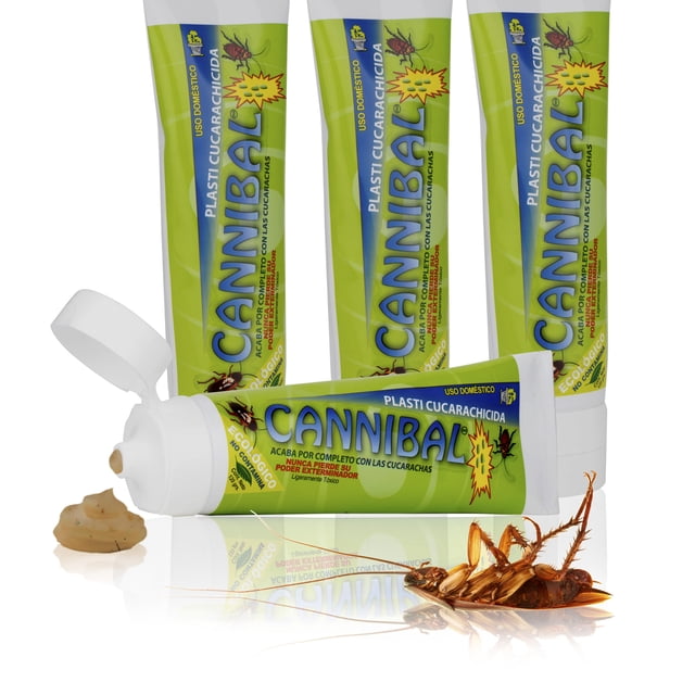 4pz veneno mata cucarachas cannibal no toxico extermina plagas tubo 120 grs — cuatro tubos verdes 'Cannibal' de gel cebo insecticida en pasta, uno horizontal con tapa blanca abierta y porción de gel beige visible; fondo blanco y tres tubos verticales detrás, empaque con logo y gráfico de cucaracha; también usado como cebo concentrado para control doméstico de cucarachas.