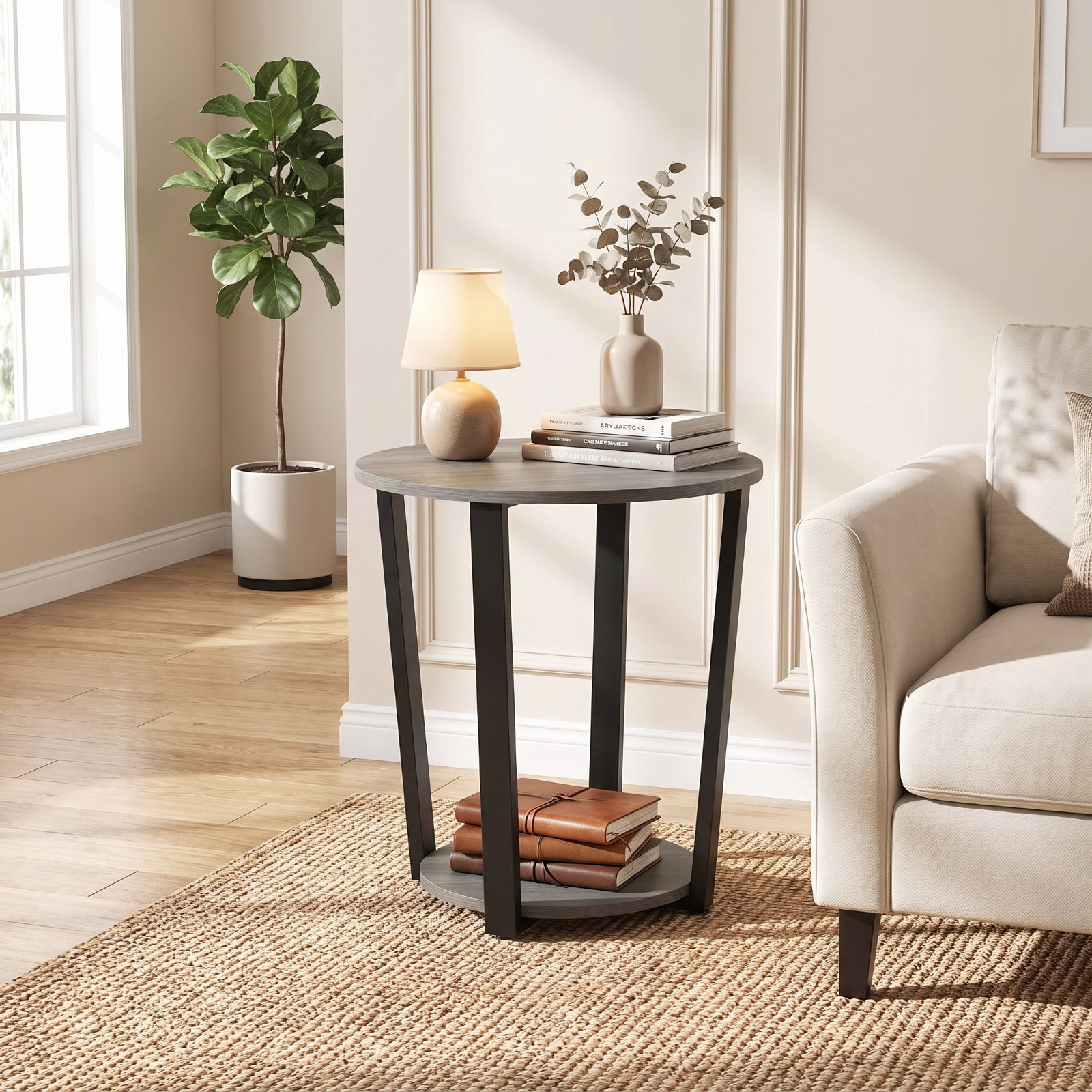 Furnibear 2 Tier Round End Table with Storage Shelf and Metal Frame for Living Room Bedroom and Office Nightstand Side Table, Oak