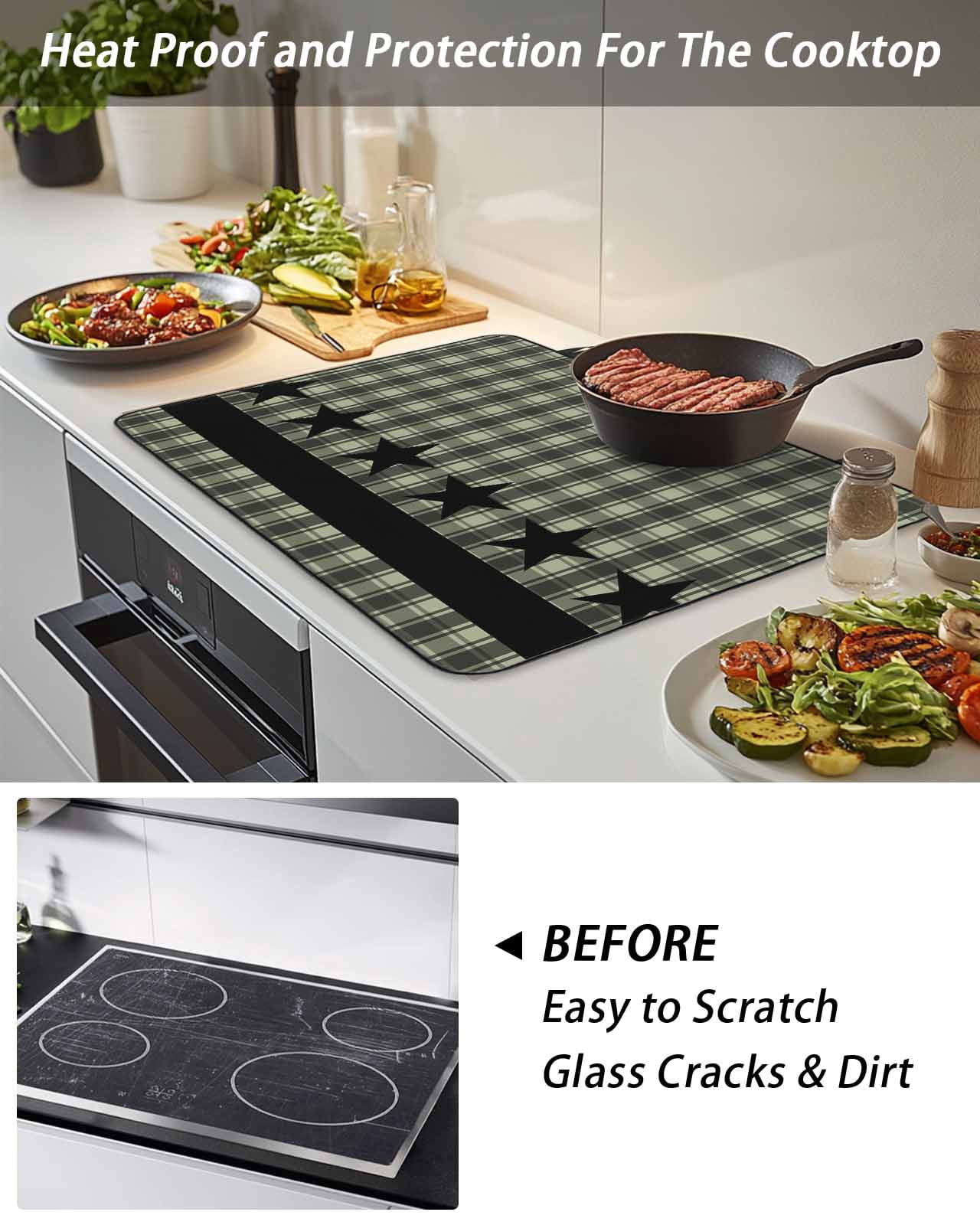 Stove Top Covers for Electric Stove, Sage Green Black Plaid Glass Stovetop Cover Protector, Vintage Star Buffalo Check Rustic Induction Cooktop Protector Oven Mat for Kitchen Countertop 24"x21"