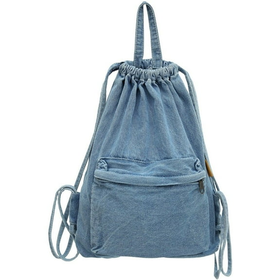 Denim Drawstring Backpack, Denim Backpack Casual Drawstring Bag Large Capacity School Bag College Style Bag for Travel Shopping Outdoor