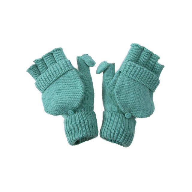 Winter Fingerless Flap Knit Mitten Convertible Flip Gloves - Teal