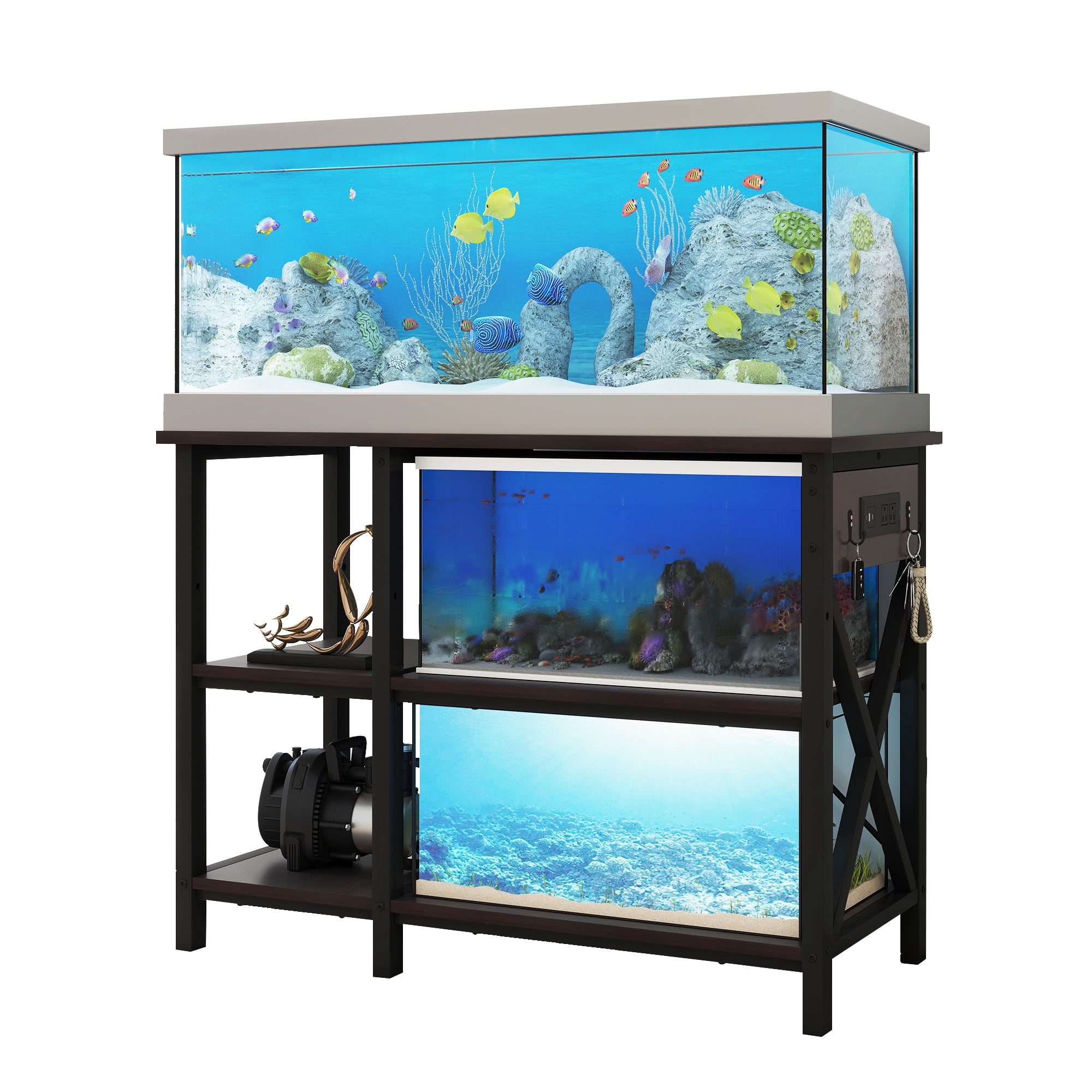 Uforic 40-50 Gallon 3-Tier Heavy Duty Metal Storage Fish Tank Stand with Power Outlets, Black