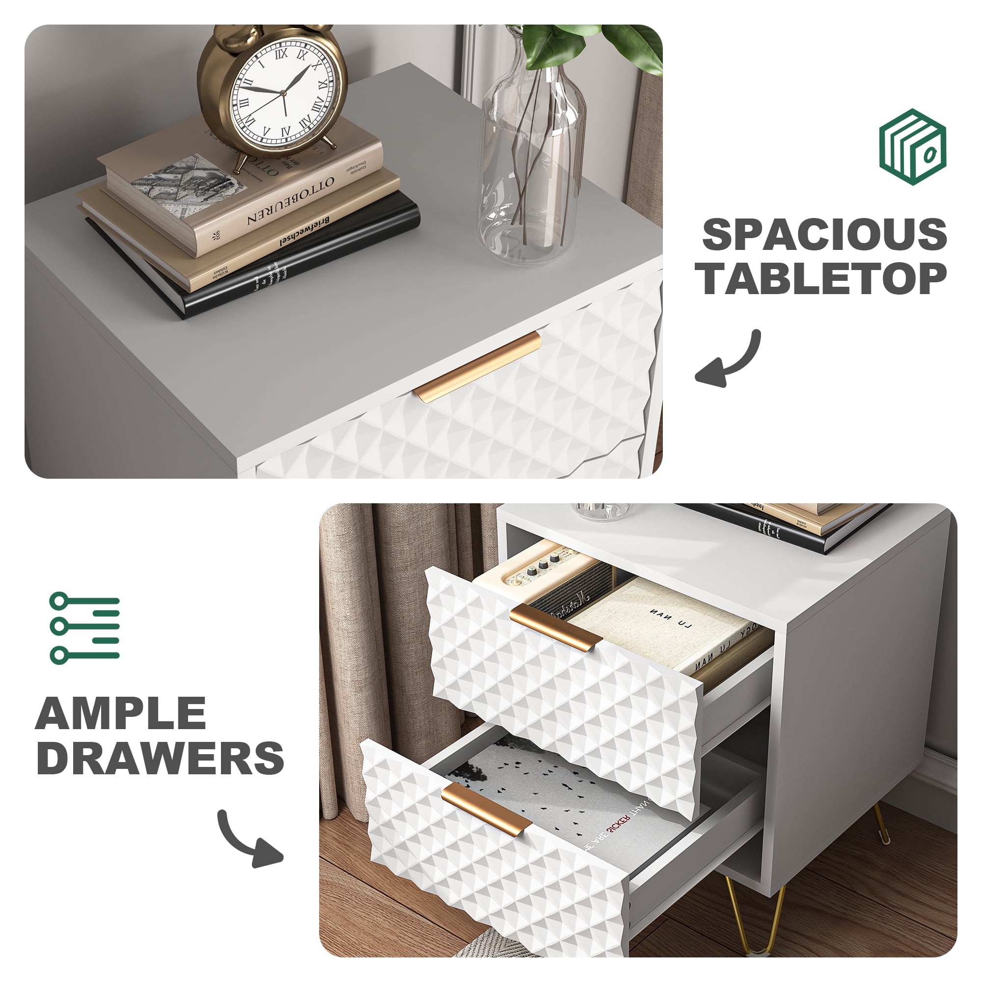 Finihen Carved Nightstand Single, Luxury Carving Board 2-Drawer Night Stand Bed Side Table with Metal Legs, for Bedroom Living Room, White Finihen Carved Nightstand Single, Luxury Carving Board 2-Drawer Night Stand Bed Side Table with Metal Legs, for Bedroom Living Room, White