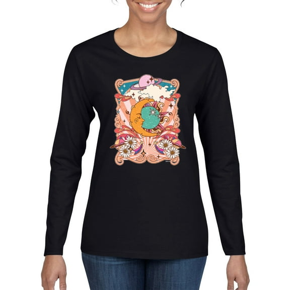 Wild Bobby Sun and Moon Groovy Vintage Daisy Flowers Stars Vintage Women Graphic Long Sleeve Tee, Black, Small