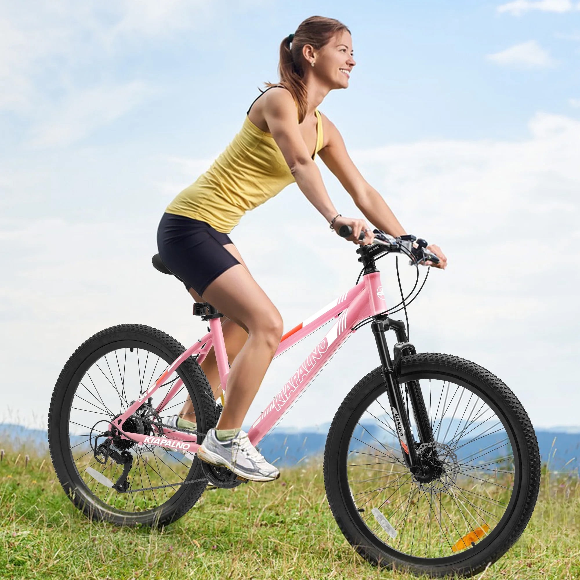 26 inch Women Mountain Bike, 21 Speeds Mountain Bicycle with Dual Disc Brakes and 100mm Front Suspension, Steel Frame MTB Bike for Urban Trail Snow Commuter, Pink