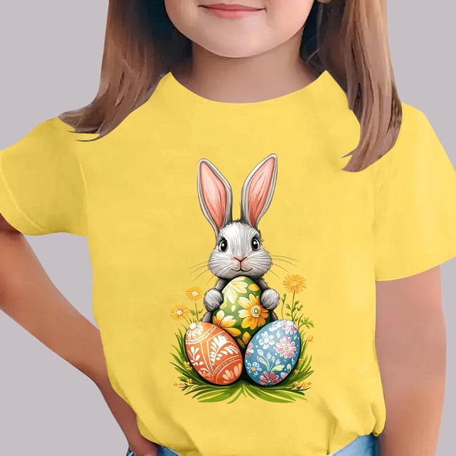 Blusas y camisas de manga corta con cuello redondo Camiseta estampada de manga corta de Pascua para niños Cuello redondo Manga corta Casual Versátil Para niñas Niños Top de poliéster