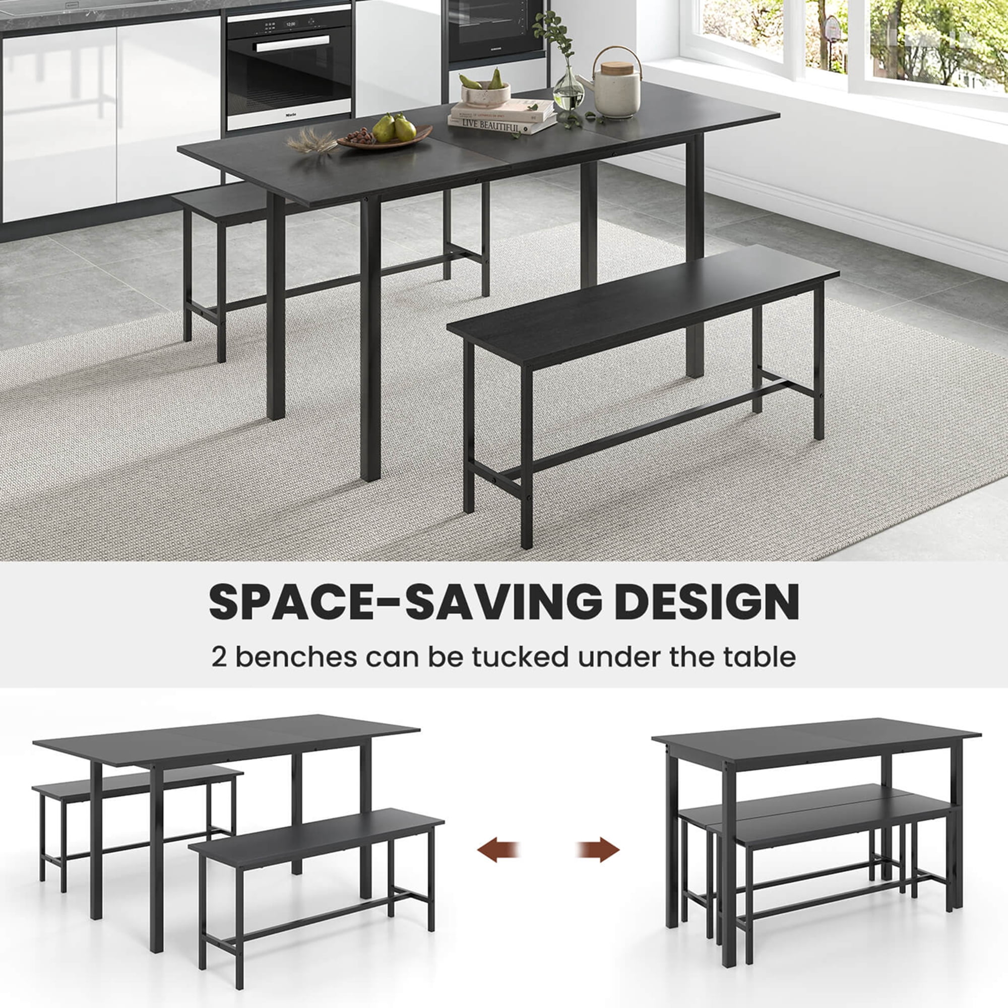 Costway 3 Piece Dining Table Set for 4-6  63"Kitchen Table with 2 Benches Metal Frame Black