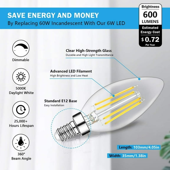 THESG-Dimmable E12 LED Candelabra Bulbs 60W Equivalent, 5000K Daylight White, 600 Lumens B11 Candle Base 6W C35 LED Filament Vintage Light Bulbs, Clear Glass for Chandelier Ceiling Fan High CRI 90 ,