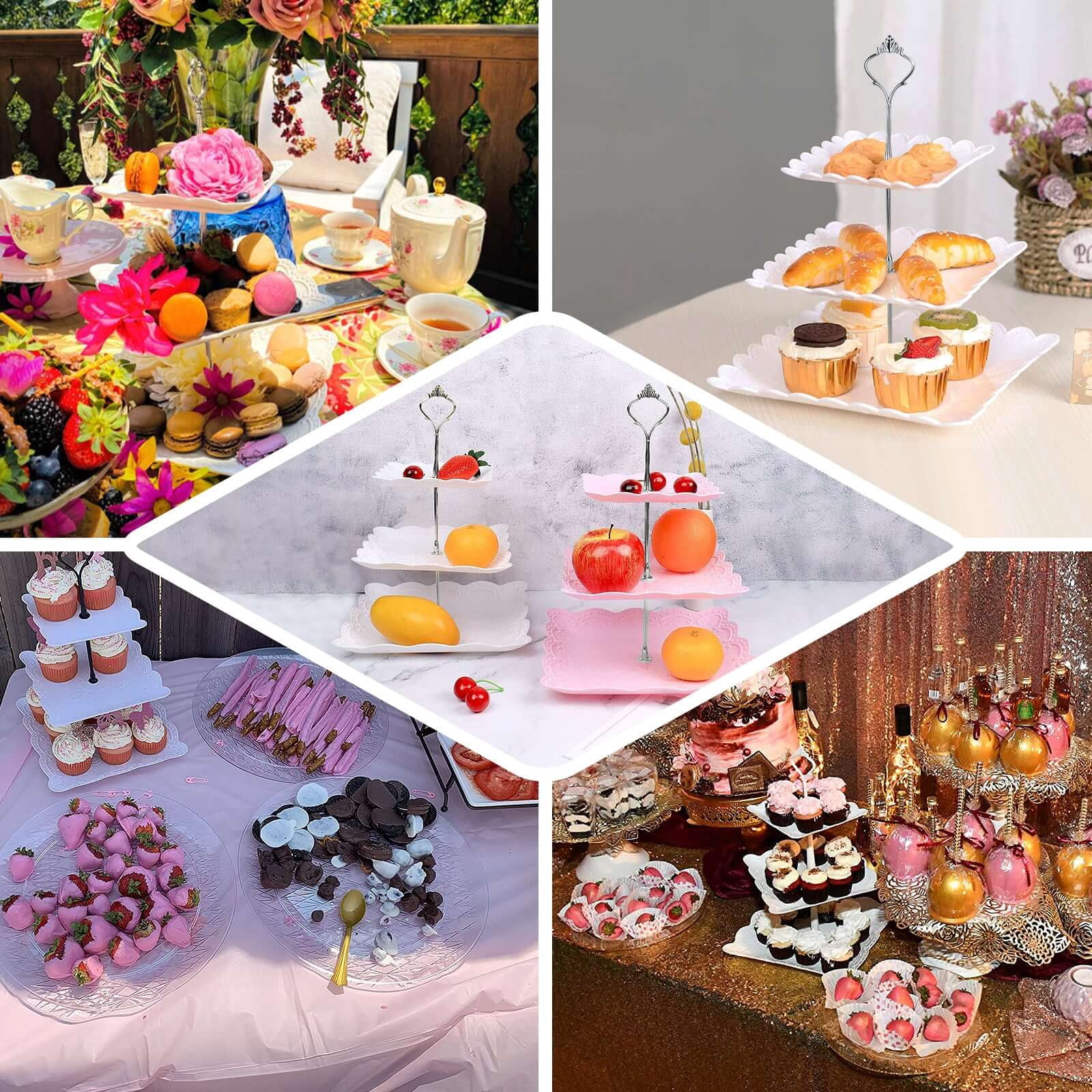 Efavormart 13" | 3 Tier Floral Print Cupcake Stand, Pink Square Dessert Tray Display Holder with Wavy Edges - Plastic