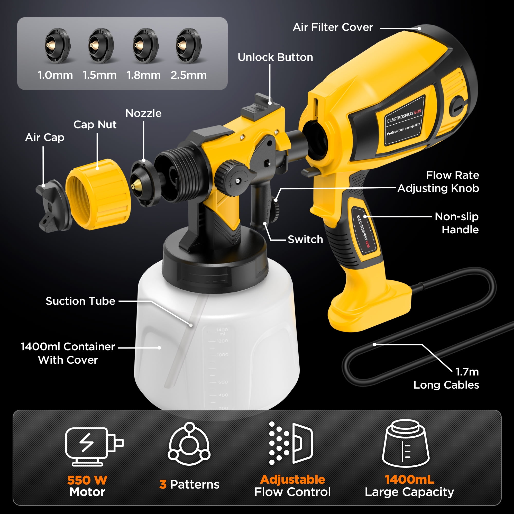 TNTANTS Paint Sprayer 1400ml Large Container, 550W HVLP Electric Spray Paint Gun with 4 Nozzles 3 Spray Patterns for House Painting, Home Interior and Exterior(Yellow)