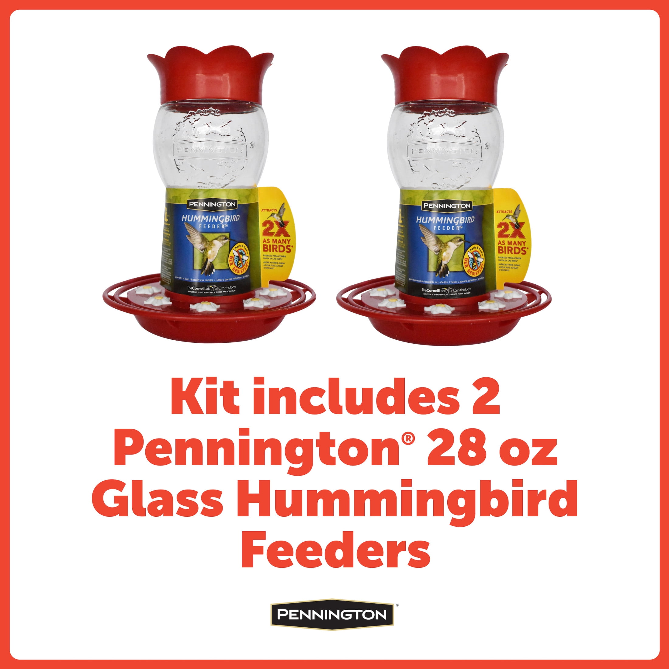Pennington Red Glass Hummingbird Bird Feeder, 28 oz. Capacity, 2 Pack