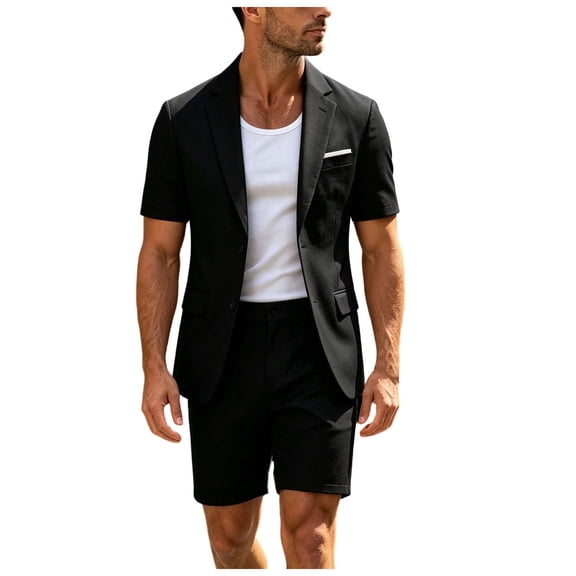 JFOPQVSM Men's Suit Set 2 Piece Short Sleeve Jacket and Shorts Thin Lightweight Leisure Suit Loose Short Trousers Elastic Waist Casual Summer Suit Streetwear