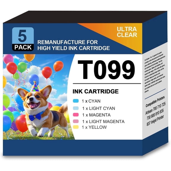 99 T99 T099 Ink Cartridge Combo Pack Compatible for Epson 99 T099 98 T098 Ink Cartridge use with Artisan 700 710 725 730 800 810 835 837 Printer (5 Packs, C/M/Y/LC/LM)