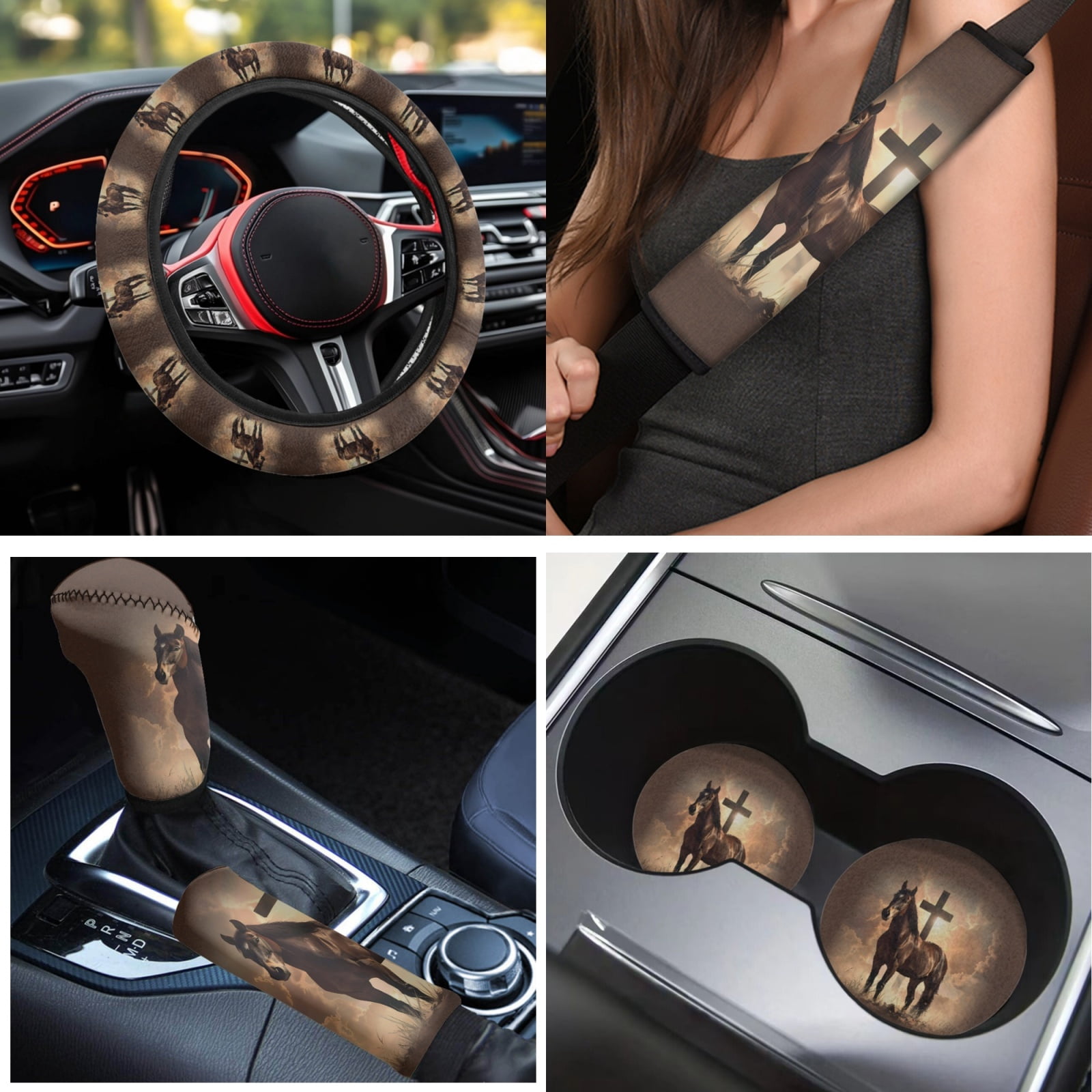 Yuyamidu Cross Car Seat Cover Full Set with Auto Floor Mats Steering Wheel Cover Horse Car Seatbelt Pads Coasters Handbrake Gear Shift Knob Cover 15pcs Car Accessories Set, Brown