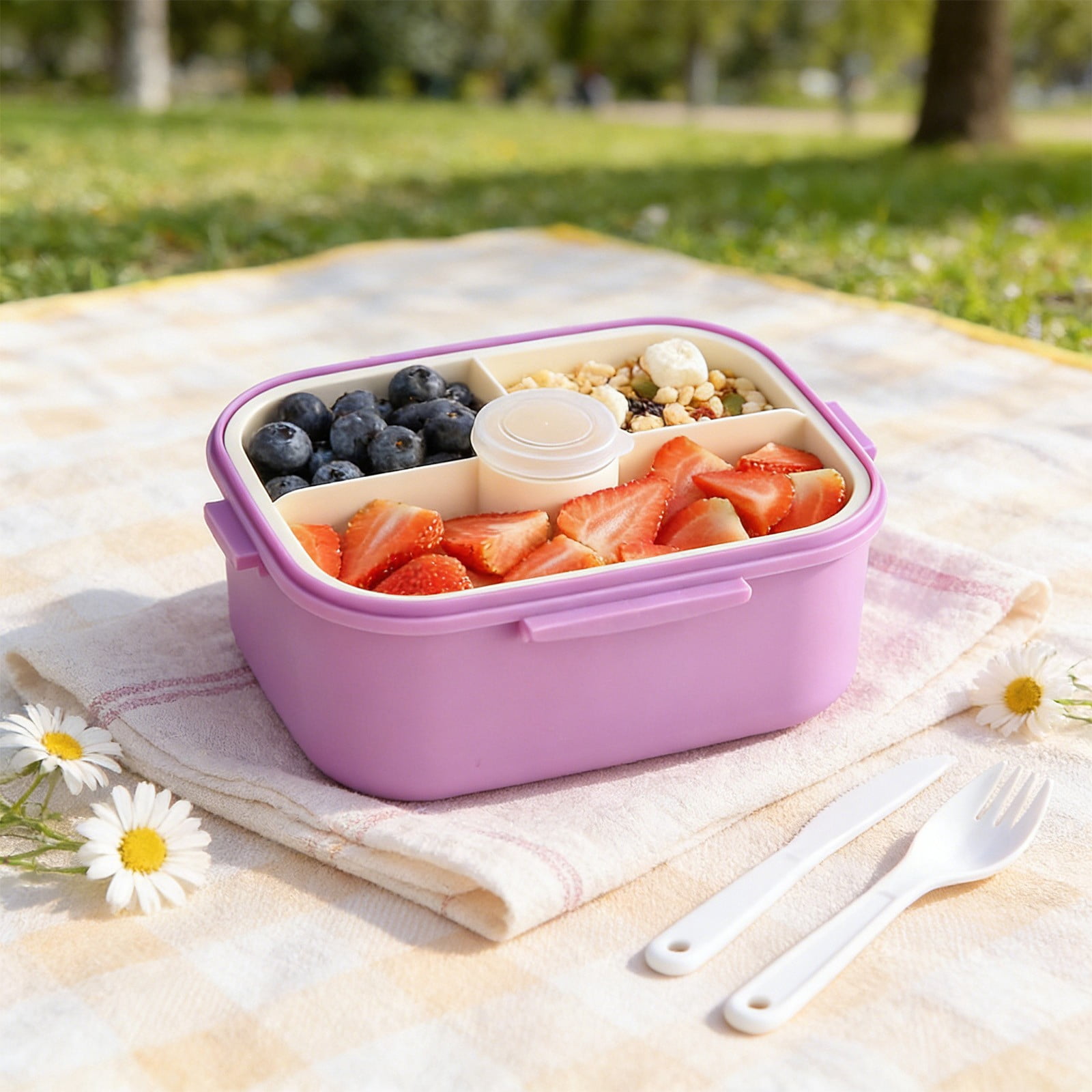 Rijanmt 304 Stainless Steel Lunch Box With 1 Fork & Knife,50.7 Oz Large Food Storage Container With 4-Compartments-Lid,Reusable Divided Meal Prep Box For Home Work Travel,Adults Students Use,Purple